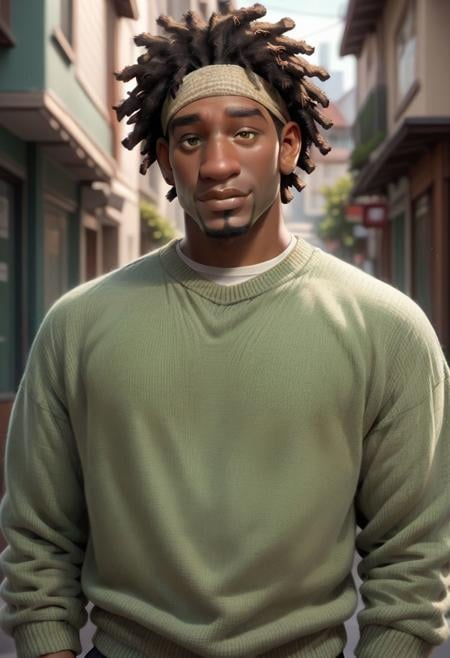 score_9,score_8_up,score_7_up, 1boy, solo, wasabi_bh6, dark skin, dreadlocks, headband, goatee, green sweater