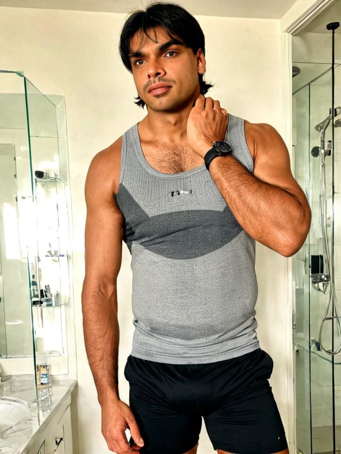 Neeraj Chopra a man ,  Is wearing a gray tank top with sweat and black shorts. standing with his hands over his face as if...