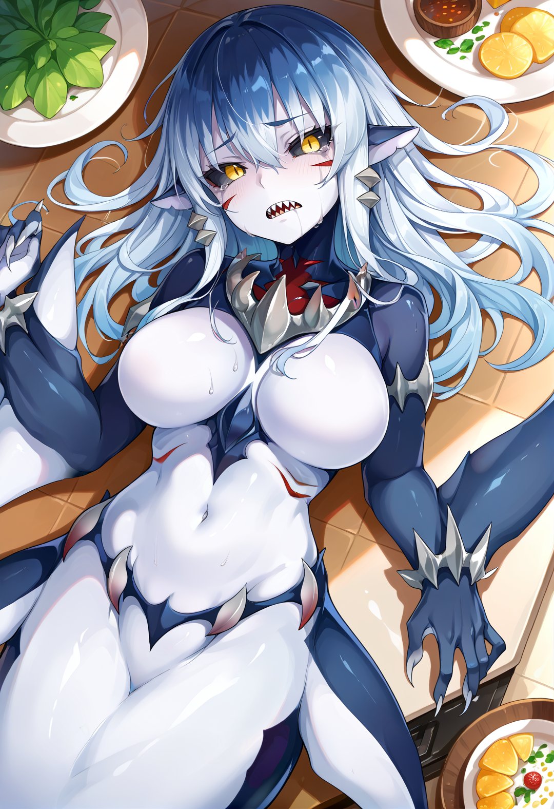 score_9,score_8_up,score_7_up, <lora:MersharkMGE_V1:0.8> MersharkMGE, black sclera, colored sclera, colored skin, yellow eyes, large breasts, mermaid, monster girl, sharp teeth, blue hair, white hair, gradient hair, gills, lying, kitchen, crying