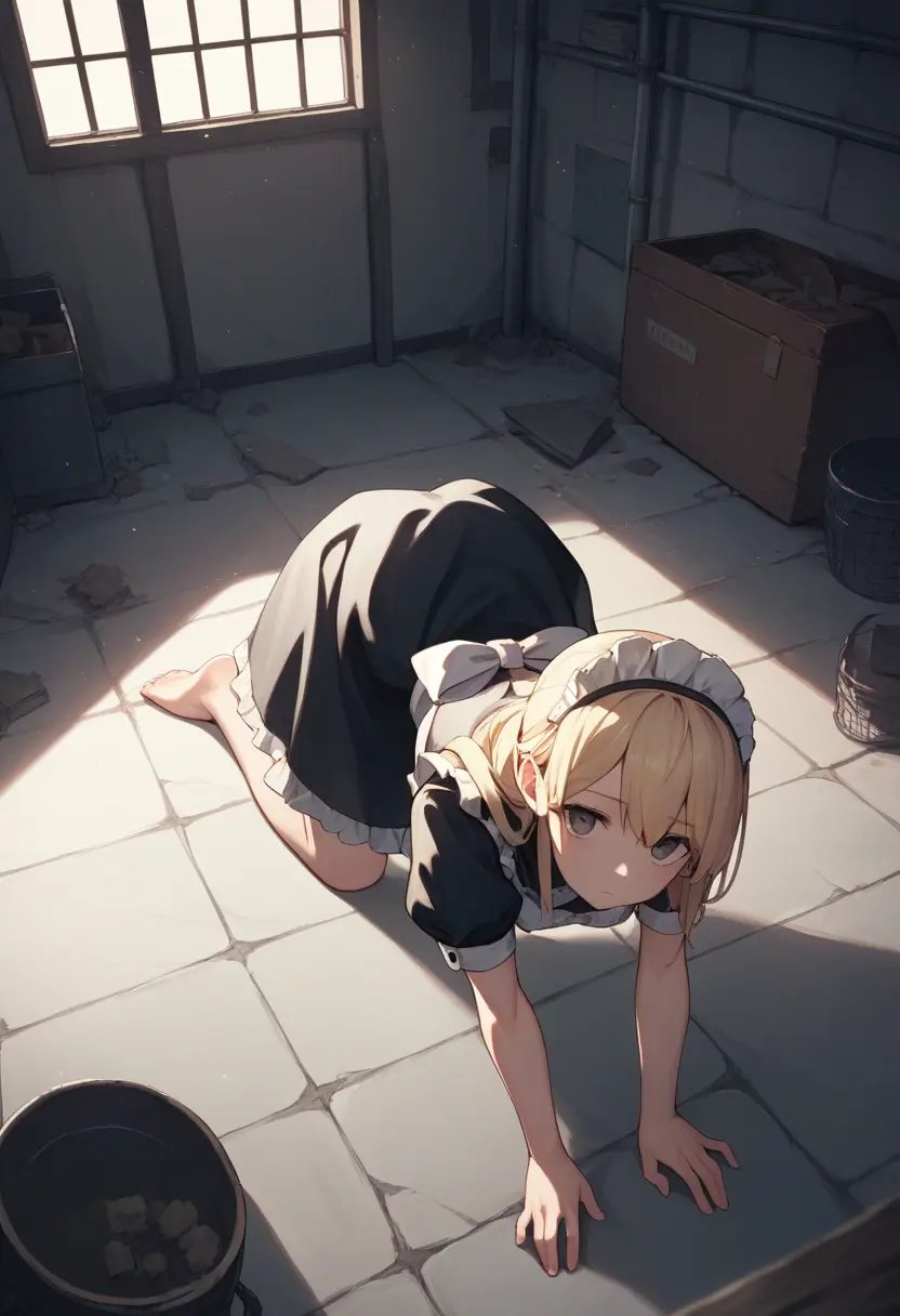 score_9, score_8_up, score_7_up, score_6_up, source_anime, 1girl, basement, dimly lit, dark, maid, all fours, blonde hair, looking at viewer, <lora:basement_v0.2-pony:1>