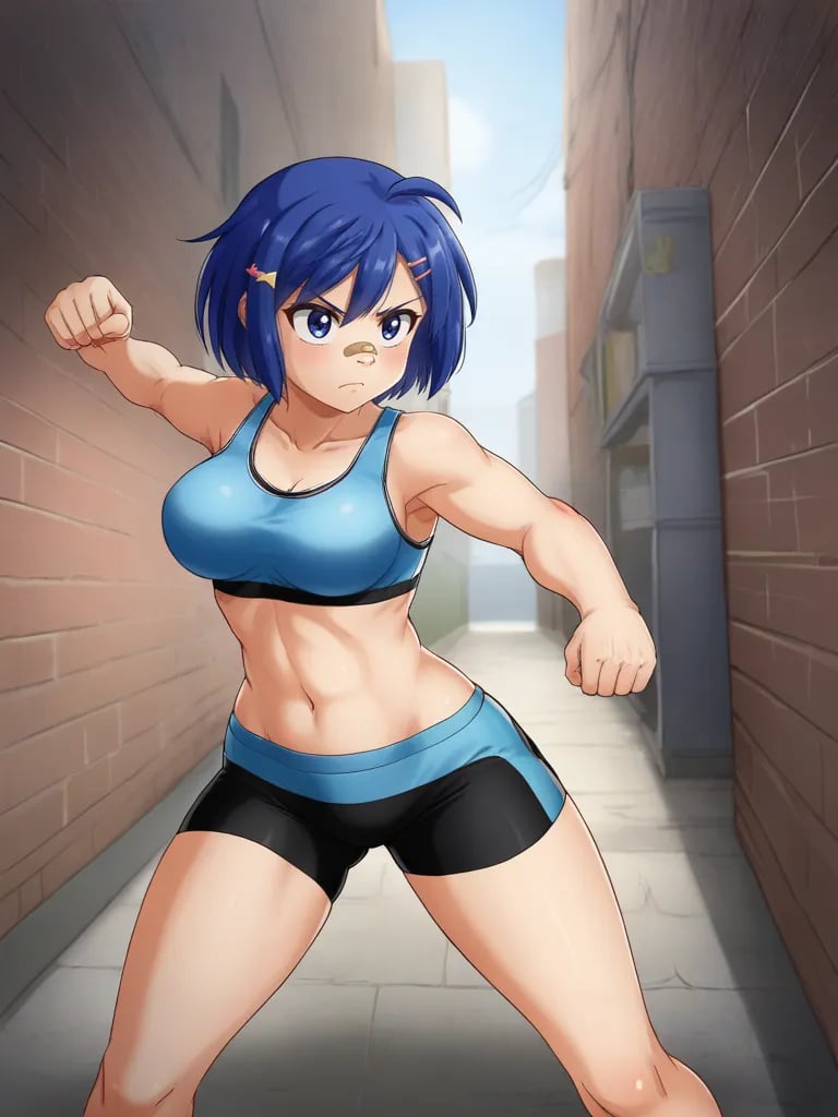 <lora:ohosinagisapony:0.8>1girl, solo, ohosinagisa, blue hair, short hair, hairclip, blue eyes, bandaid on nose, blue sports bra, black bike shorts, outdoors, alley, fight stance, serious, cowboy shot