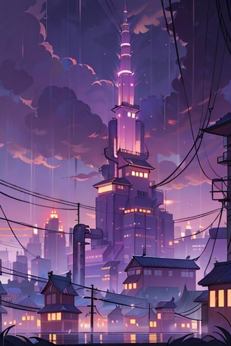 lanscape, amegakure  buildings, towers, dawn, cables, heavy rain, purple sky cloud, pipes, electricity, fog, cloudy sky, anime style, ghibli style,  ray of lights, <lora:ARWAmegakure:1>