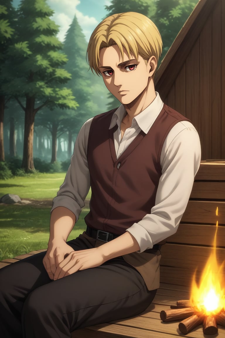 score_9, score_8_up, score_7_up, source_anime, rating_safe, , , looking at viewer, , 1boy, male focus, ruby eyes, honey blonde hair,, solo, panorama, cabin, forest, campfire, dark, sitting, expressionless, <lora:shingeki_no_kyojin_s4_style_pony:0.72>, shingeki_no_kyojin_s4_style, <lora:sdxl_lightning_8step_lora:1>