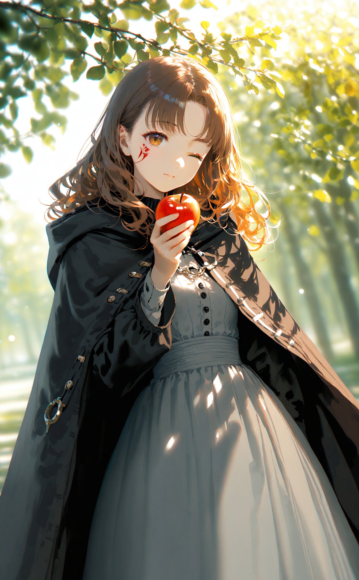 (masterpiece),(best quality),illustration,ultra detailed,hdr,Depth of field,(colorful),(chromatic aberration),1girl,brown hair,fruit,food,holding,one eye closed,cloak,apple,solo,hood,dress,looking at viewer,holding fruit,hooded cape,hooded cloak,hood down,holding food,cape,brown eyes,facial tattoo,branch,wavy hair,tree,medium hair,outdoors,one-eyed,black cloak,long hair,long sleeves,closed mouth,tattoo,grey dress,