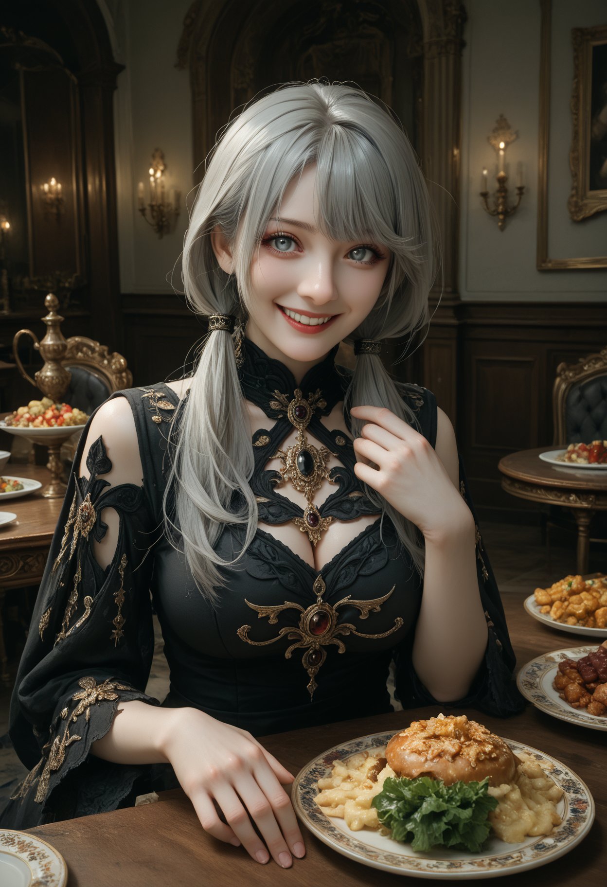 1girl,grey hair,medium_hair,oblique bangs,low twintails,large breasts,long_legs,longeyelashes,gray eye shadow,evil smile, the girl leaned against a table with rich food in her ornate dress in the banquet hall, the face of temptation,raise your hand,the background is a very spectacular impressionist mural with rich colors, score_9,score_8_up,score_7_up,beast_quality,masterpiece,