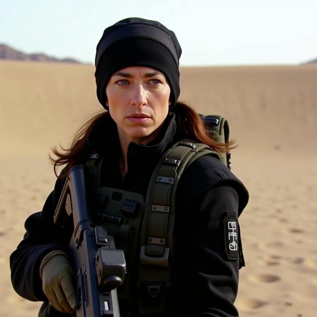 cbk, 3/4 body shot, claudia black wearing a black commando suit and holding an assault riffle, looking at something in the desert, photorealistic, real photography, 4k, hd,  <lora:claudia-black:1.2>, Photorealistic, Hyperrealistic, Hyperdetailed, analog style, soft lighting, subsurface scattering, realistic, heavy shadow, masterpiece, best quality, ultra realistic, 8k, golden ratio, Intricate, High Detail, film photography, soft focus, RAW candid cinema, 16mm, color graded portra 400 film, remarkable color, ultra realistic, textured skin, remarkable detailed pupils, realistic dull skin noise, visible skin detail, skin fuzz, dry skin, shot with cinematic camera