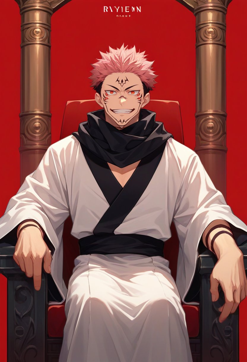 score_9, score_8_up, score_7_up, source_anime, red background, pillar, cowboy shot, third-quarter view, solo, male focus, 1boy, ryomen sukuna, facial tattoo, extra eyes, evil grin, looking at viewer, sitting, throne, white kimono, wide sleeves, black scarf <lora:jjk_sukuna_ponyXL:1>