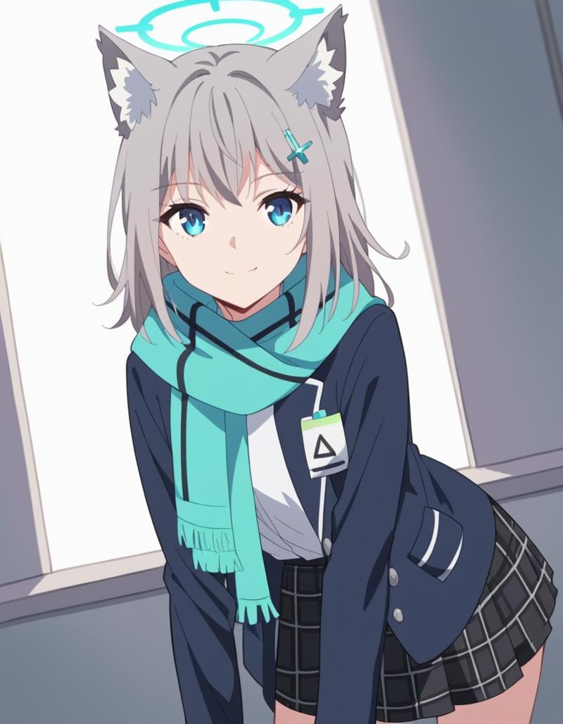 score_9, score_8_up, score_7_up, source_anime, <lora:shiro-sunaookami-s1-ponyxl-lora-nochekaiser:1>, shiroko sunaookami, animal ears, blue eyes, grey hair, hair ornament, hairpin, halo, medium hair, wolf ears,, checkered clothes, checkered skirt, school uniform, skirt, scarf,, indoors, bent over, smile,, looking at viewer, solo, cowboy shot, dutch angle