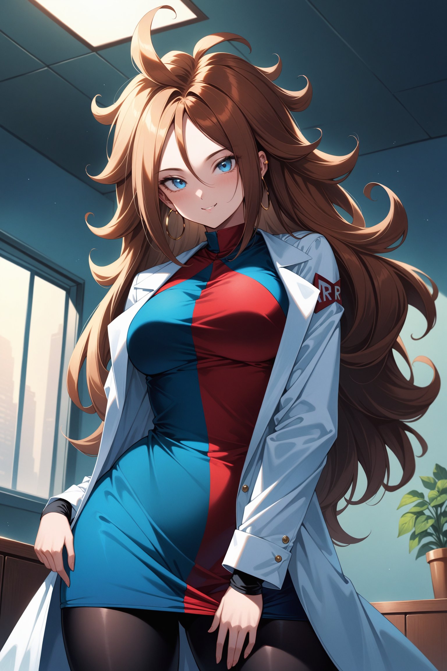 (masterpiece, best quality, very aesthetic, ultra detailed), intricate details, aaandro, brown hair, long hair, curly hair, blue eyes, hoop earrings, two-tone dress, checkered dress, white coat, labcoat, long sleeves, black pantyhose, <lora:android_21_XL_v1:0.9>, indoors, standing, cowboy shot, smile,