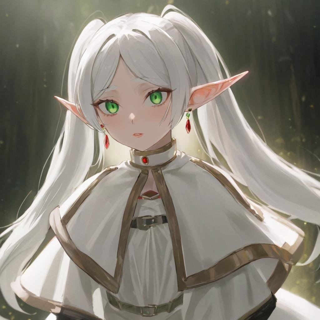 realistic, cinematic, (detailed), (highly detailed),  a elf woman with twintails and red earrings wearing white capelet and white dress with black panyhose, frieren, white hair, green eyes, long hair, pointy ears, parted bangs <lora:frieren_dim4-000005:1>