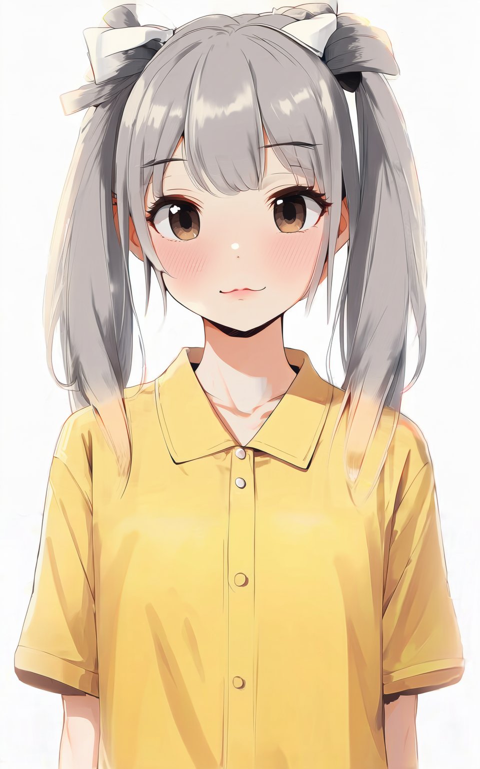 anime style, 1girl,long hair,looking at viewer,blush,bangs,shirt,bow,twintails,brown eyes,upper body,braid,ahoge,short sleeves,hair bow,grey hair,parted lips,white bow,yellow shirt,hisakawa nagi