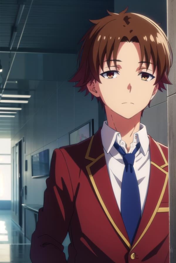 kiyotakaayanokouji, <lora:kiyotaka ayanokouji s2-lora-nochekaiser:1>,kiyotaka ayanokouji, brown hair, (brown eyes:1.5), male focus, (parted bangs:1.5), short hair,BREAK school uniform, jacket, necktie, blazer, blue necktie, shirt, white shirt, collared shirt, (red blazer:1.5),BREAK indoors, classroom,BREAK looking at viewer, (cowboy shot:1.5),BREAK <lyco:GoodHands-beta2:1>, (masterpiece:1.2), best quality, high resolution, unity 8k wallpaper, (illustration:0.8), (beautiful detailed eyes:1.6), extremely detailed face, perfect lighting, extremely detailed CG, (perfect hands, perfect anatomy),