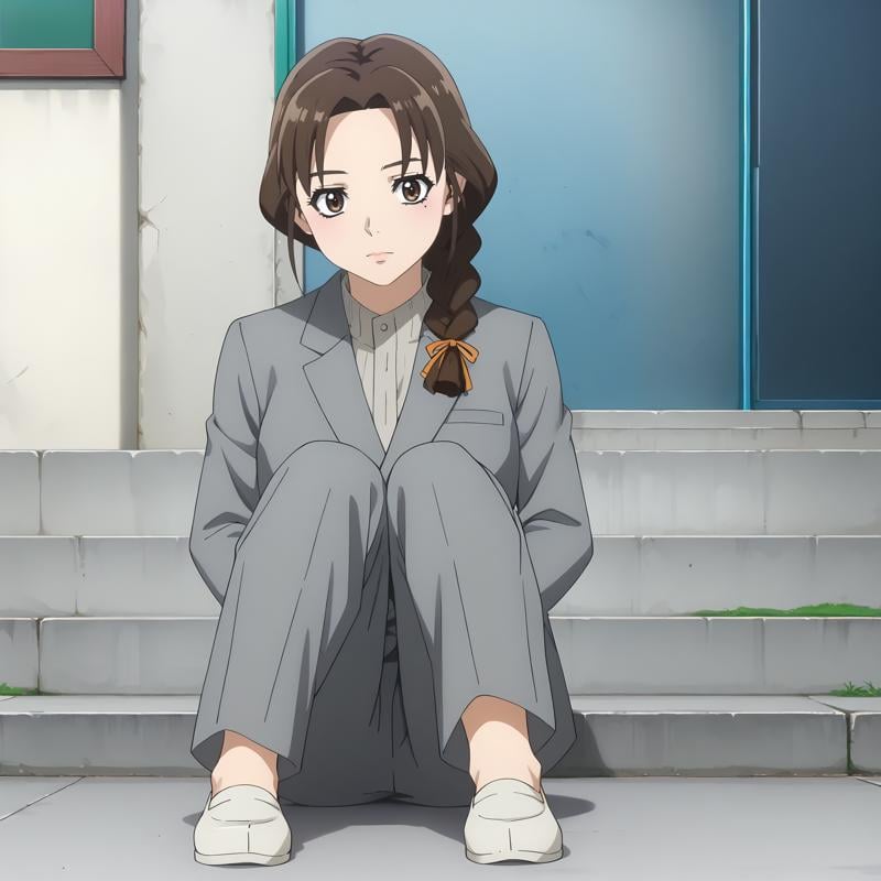 <lora:ISep4_TamakiMitamuraXLpony001>,looking at viewer,solo,TamakiMitamura,1girl,brown hair,braided ponytail,hair ribbon,brown eyes,mole under eye,business_suit,gray jacket,gray pants,outdoors,full body,sitting,