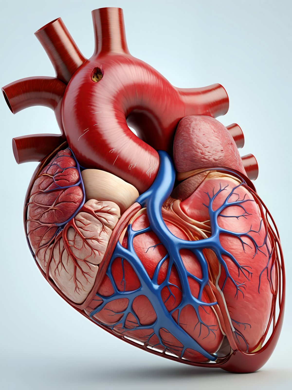 A scientifically accurate and detailed illustration of a human heart, showcasing its chambers, valves, and arteries