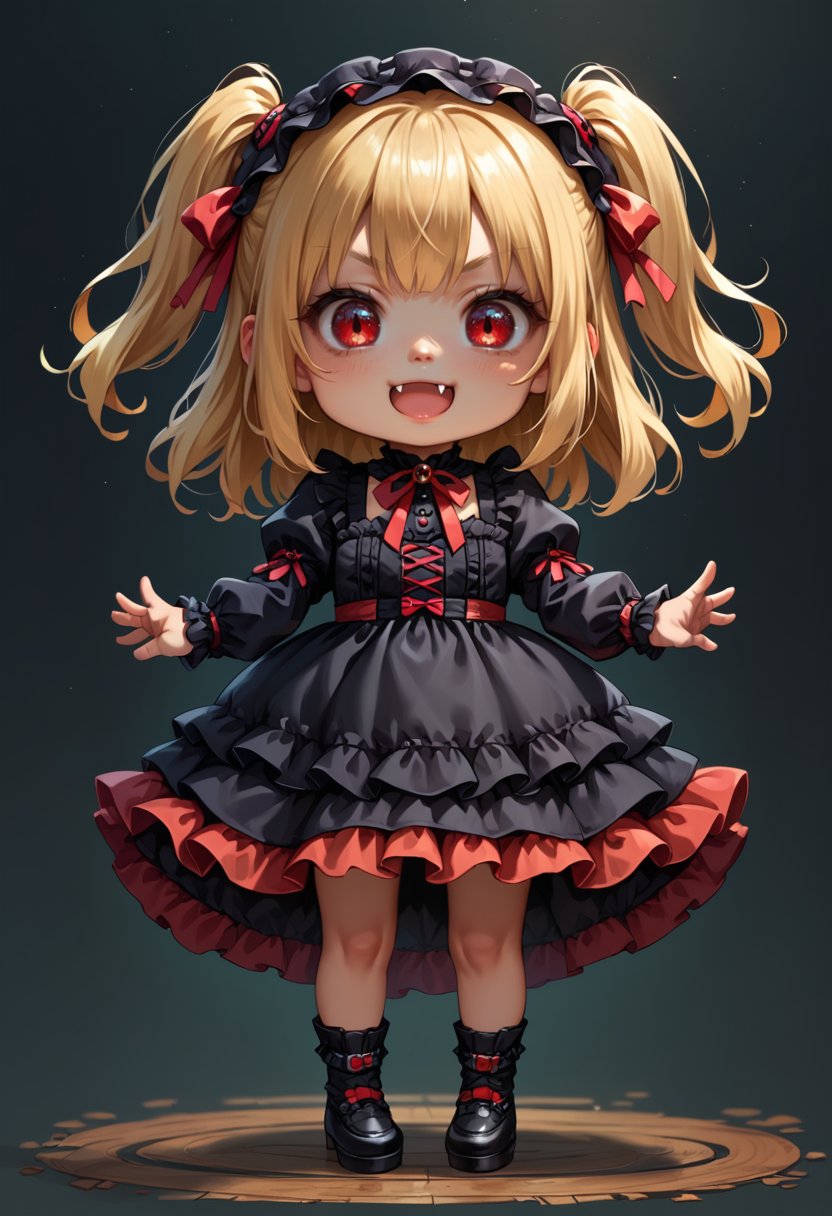 score_9, score_8_up, score_7_up, source_anime, 1girl, chibi, toddler, blonde hair, red eyes, fang, :3, two two side up, gothic lolita dress, full body,