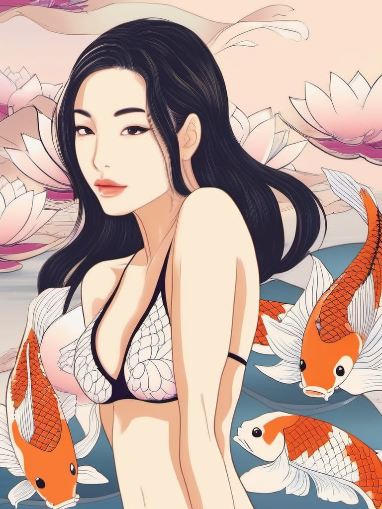 1NK , <lora:1NK:.8>,The image shows a young woman in a bikini standing next to a large koi fish. The woman has long dark hair and is looking off to the side with a peaceful expression on her face. She is wearing a black bikini top and shorts, and her body is slightly turned to the left. The background is a light pink color, and there are several lotus flowers and leaves scattered around the woman. The koi is black and white, with intricate patterns and designs on its body.