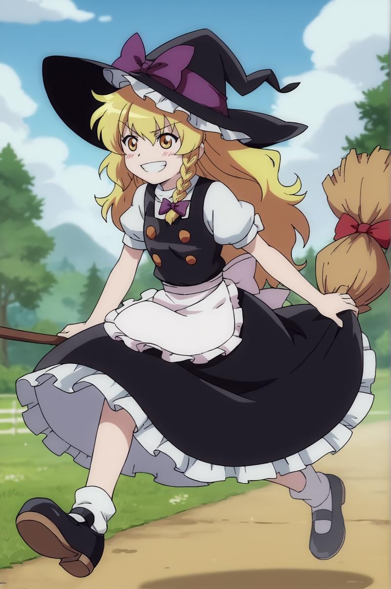 score_9, score_8_up, score_7_up,anime_source, source_anime, best background, detailed background, anime screencap,  Marisa, apron, bloomers, broom, broom riding, shoes, socks, solo, underwear, grin, blush, bow, hand on headwear, hat, hat bow, solo, waist apron, witch hat outdoors, <lora:Kirisame_Marisa:0.8>