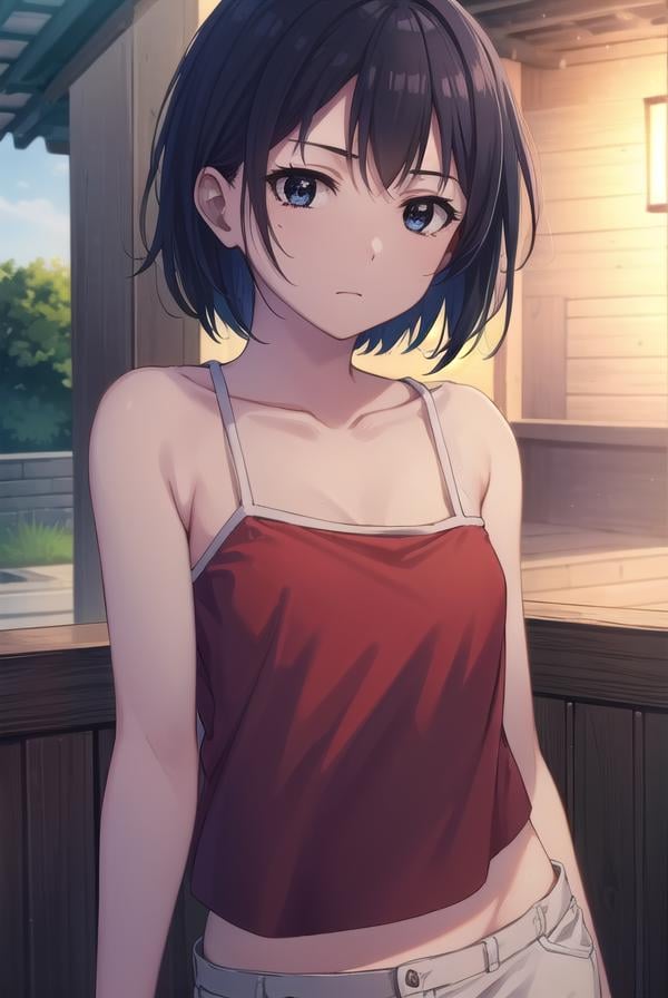 keikosanjou, <lora:keiko sanjou s1-lora-nochekaiser:1>,keiko sanjou, short hair, black hair, (black eyes:1.5),BREAK shorts, black shorts, camisole, bare shoulders, collarbone, (red camisole:1.5),BREAK outdoors, shrine,BREAK looking at viewer, (cowboy shot:1.5),BREAK <lyco:GoodHands-beta2:1>, (masterpiece:1.2), best quality, high resolution, unity 8k wallpaper, (illustration:0.8), (beautiful detailed eyes:1.6), extremely detailed face, perfect lighting, extremely detailed CG, (perfect hands, perfect anatomy),