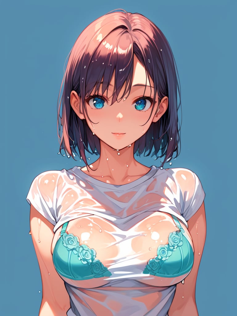 score_9, score_8_up, score_7_up,source_anime, high res image,masterpiece,best quality,(girl,,big breasts:1.0),cute face,clear skin,shiny hair,ultra detailed eyes,simple background <lora:wet clothes_pony_V1.0:0.8> wet clothes, see-through,bra,shirt