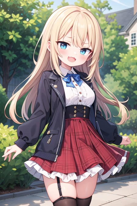 <lora:smugface_v100:1>insanely detailed, absurdres, ultra-highres, ultra-detailed, best quality,1girl, solo, nice hands, perfect handsBREAK(lanky,gothic dress,nylon clothes,denim dress,saddle jacket,red tartan-check pleated skirt,frilled legwear,sneakers:1.2)BREAK(nsfw:-1.5)BREAK(breast pocket, vest, blazor, long sleeves, checked skirt, striped skirt, striped shirt, striped sleeves, bra visible through clothes, skirt with frill:-1)BREAK(nsfw:-1.5)BREAKsmug, open mouth, fangBREAKfrom below,standing, cowboy shot, looking at viewerBREAKslender, kawaii, perfect symmetrical face, ultra cute girl, ultra cute face, ultra detailed eyes, ultra detailed hair, ultra cute, ultra beautifulBREAKin forest, depth of field, ultra detailed backgroundBREAKlarge breastsBREAKblonde hair, blue eyes