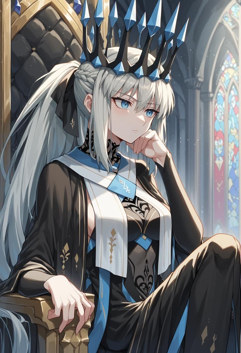 1girl, long hair, grey hair, blue eyes, very long hair, ponytail, Split ponytail, french braid, Crown, veil, spiked collar, black dress, sitting, bored, indoors, castle, throne, royal throne, close-up  <lora:Morgan_XL:1>, score_9, score_8_up, score_7_up, score_6_up, score_5_up, score_4_up, BREAK source_anime, masterpiece