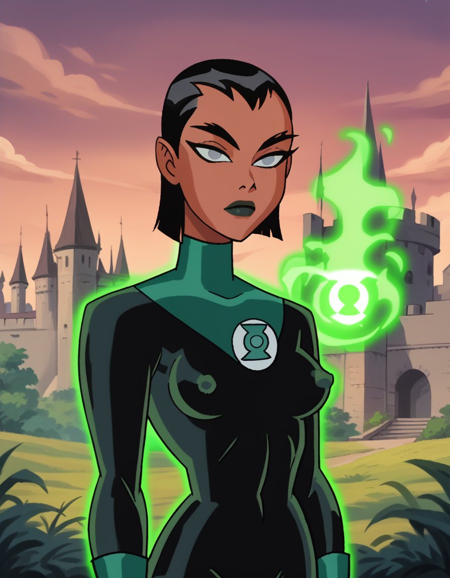 score_9, score_8_up, score_7_up, dcaustyle, 1girl, solo, katma tui, black hair, gray eyes, no pupils, orange skin, medium hair, forked eyebrows, hand up, green energy, green aura, green lantern bodysuit, covered nipples, ring, outdoors, purple sky, castle