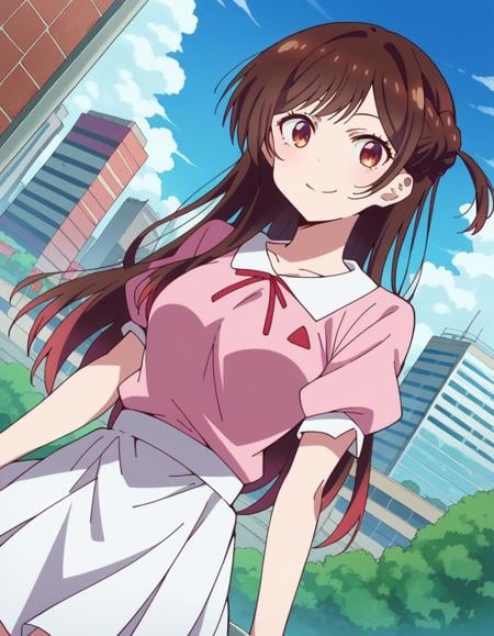 score_9, score_8_up, score_7_up, source_anime,chizuruichinose, <lora:chizuru-ichinose-s1-ponyxl-lora-nochekaiser:1>,chizuru ichinose, long hair, bangs, brown hair, brown eyes, one side up,skirt, shirt, short sleeves, puffy sleeves, puffy short sleeves, white skirt, pink shirt,outdoors, cityscape, smile,looking at viewer, cowboy shot, solo, dutch angle,