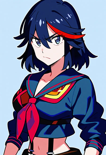 masterpiece, best quality, very aesthetic, absurdres BREAK1girl, matoi ryuuko, black hair, red streaked hair, short hair, blue eyes, midriff, navel, pleated skirt, school uniform, serafuku, suspenders,upper body, looking at viewer, solo, simple background,      <lora:MatoiRyuukoIllustriousXL_byKonan:1>