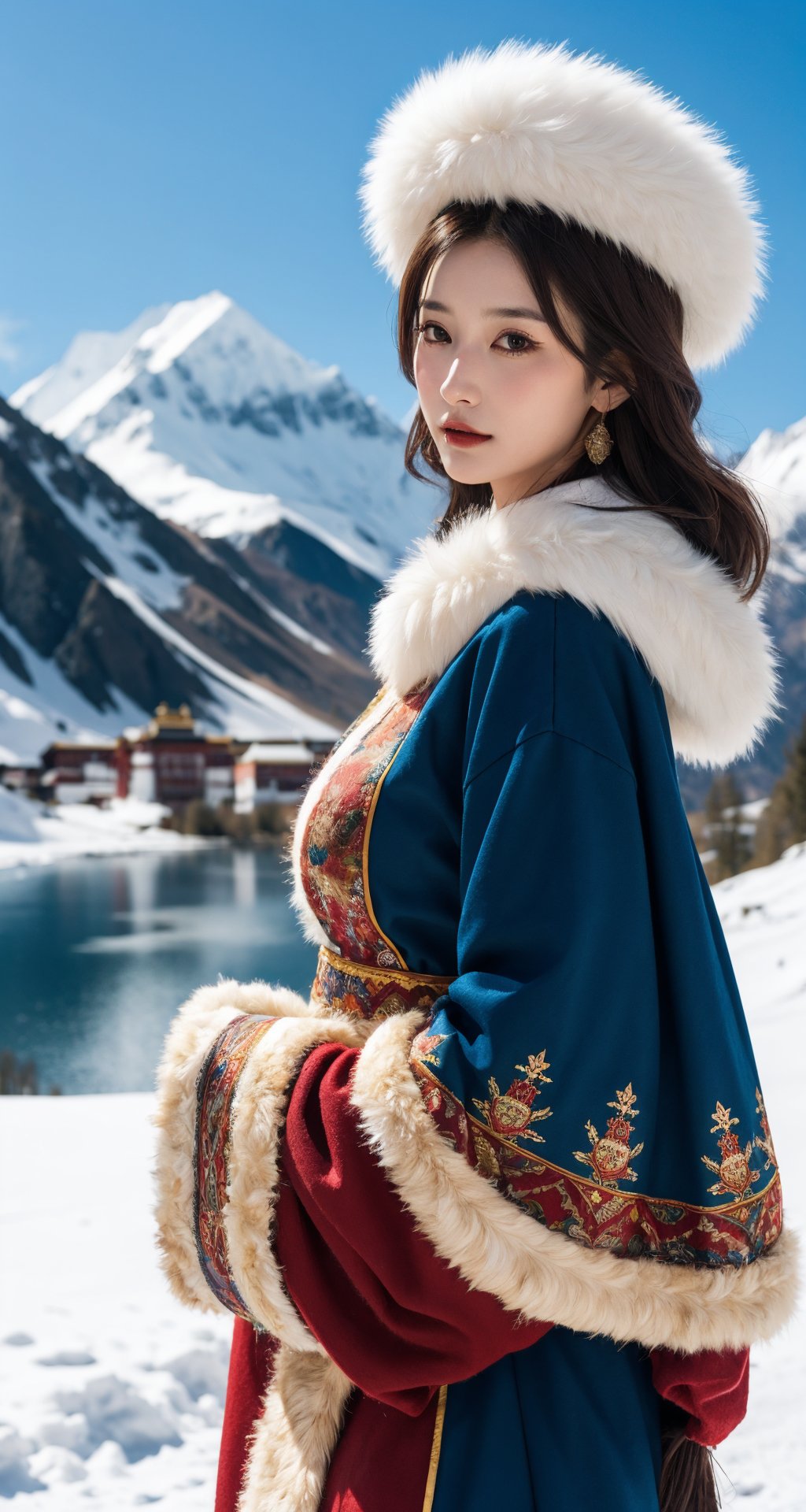 solo,1girl,(fur trim:1.2),look at the viewer,(traditional clothes:1.2),outdoors,sky,brown hair,cloud,long sleeves,blurry,fur clothes,blurry background,(wide sleeves:1.2),tibetan,red and blue clothes,portrait,bust,national costume,tibetan clothing,snow mountain,<lora:LH_ZF:0.5>,