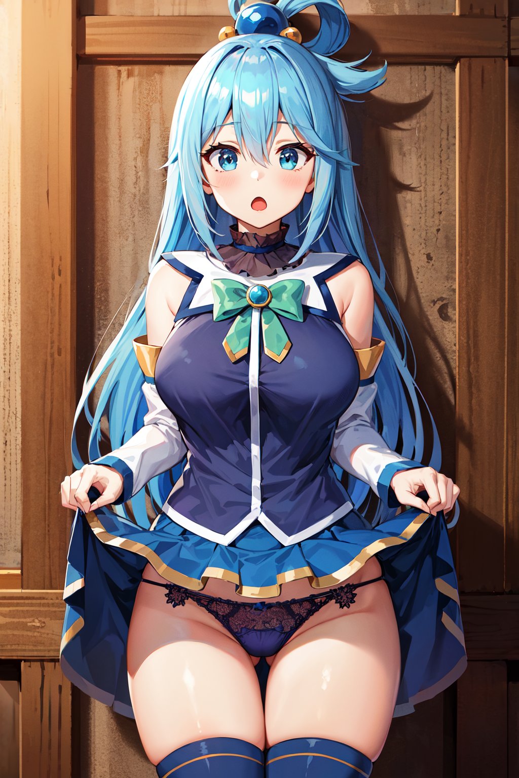 masterpiece, best quality, highres, aaaqua, long hair, blue hair, hair rings, hair ornament, choker, bare shoulders, green bow, blue shirt, detached sleeves, blue skirt, thighhighs, <lora:aqua_(konosuba)_v1:0.7>, :o, open mouth, skirt lift, lace panties,