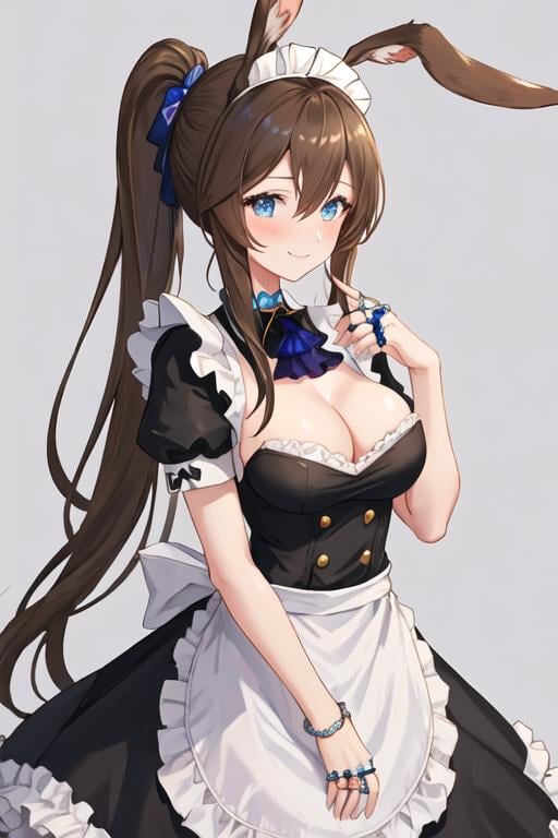 best quality, masterpiece, highres, solo, {amiya_arknights:1.15}, animal_ears, brown_hair, rabbit_ears, long_hair, bangs, blue_eyes, hair_between_eyes, sidelocks, jewelry, closed_mouth, ring, upper_body, ascot, ponytail, blush, 1girl, alternate_costume, black_dress, enmaided, looking_at_viewer, maid, maid_headdress, smile, breasts, dress, puffy_sleeves, apron, frills, maid_apron, white_background, cleavage, puffy_short_sleeves, short_sleeves, very_long_hair, black_bow, bow, choker, multiple_rings, simple_background, thumb_ring, white_apron