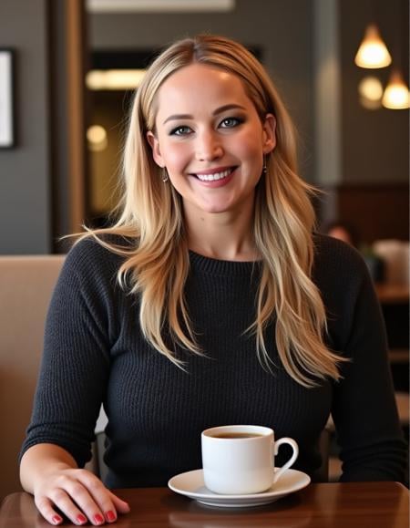 <lora:Jennifer_Lawrence_Flux:1> Realistic photo of 1girl, jenlawrence, blonde hair,  wearing a fitted sweater dress,  sitting in a cafe having a coffee, looking at the viewer smiling