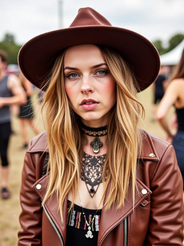 zzw,  cinematic,  full body shot,  ZZ Ward, wearing a lovely hipster rocker outfit, in an outdoors music festival,  photorealistic, real photography, 8k, hd,  <lora:zz-ward:1.1>