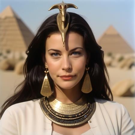 Photo of (ohwx woman)  <lora:LivTyler:1> as an Egyptian queen, serpent headdress, golden serpent jewelry. pyramids, Egypt