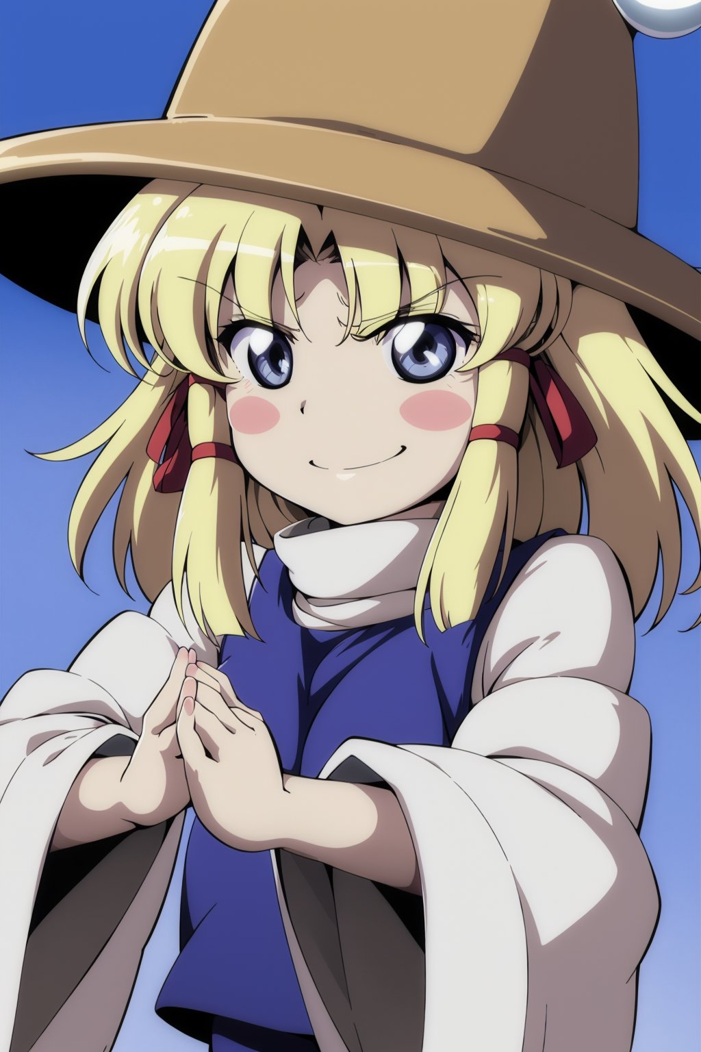 masterpiece, best quality, <lora:tgm-v2:1>,pixiv,1girl, moriya suwako, blonde hair, solo, hat, smile, wide sleeves, hair ribbon, ribbon, blush stickers, blue eyes, grey eyes, danmaku, parody, long sleeves, v-shaped eyebrows, short hair, blush, >:), upper body, own hands together, sidelocks