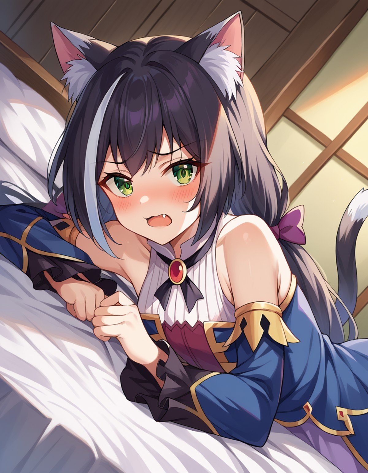 score_9, score_8_up, score_7_up, source_anime,princessconnectkaryl, <lora:princess-connect-karyl-ponyxl-lora-nochekaiser:1>karyl, animal ear fluff, animal ears, black hair, black ribbon, cat ears, cat girl, cat tail, fang, green eyes, hair bow, long hair, low twintails, multicolored hair, purple bow, ribbon, skin fang, streaked hair, tail, twintails, vertical stripes, white hair,arm support, blue sleeves, bow, brooch, detached sleeves, dress, frilled sleeves, frills, multicolored clothes, multicolored dress, neck ribbon, sleeveless, sleeveless dress, striped,indoors, bed, bed room, on side, blush, drunk,looking at viewer, dutch angle, cowboy shot