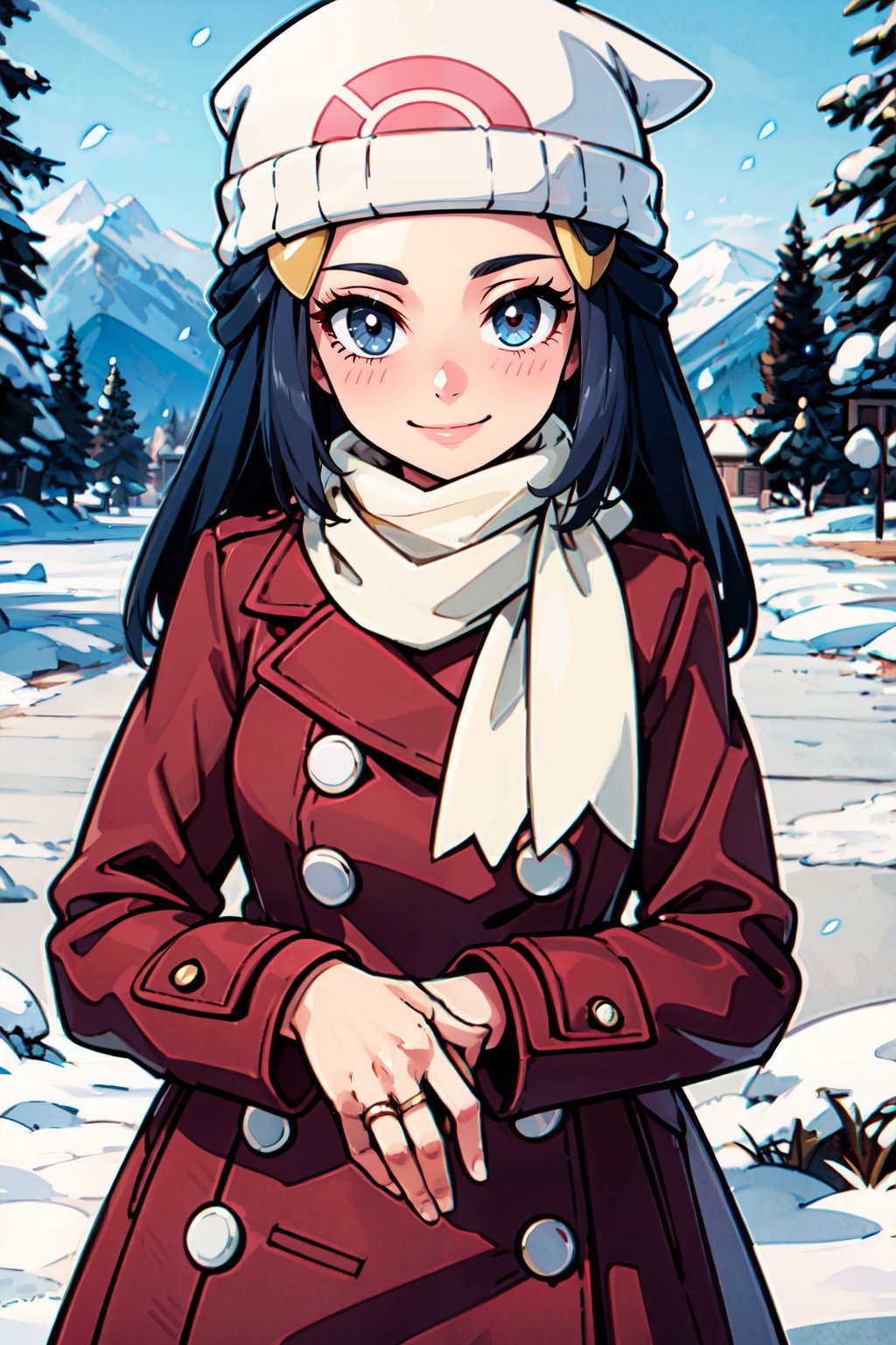 ((masterpiece,best quality)), absurdres,   <lora:Dawn_v5:0.7>,   zzDawn, winter clothes, coat, beanie, ring,  white scarf, alternate costume, smile, looking at viewer, rings