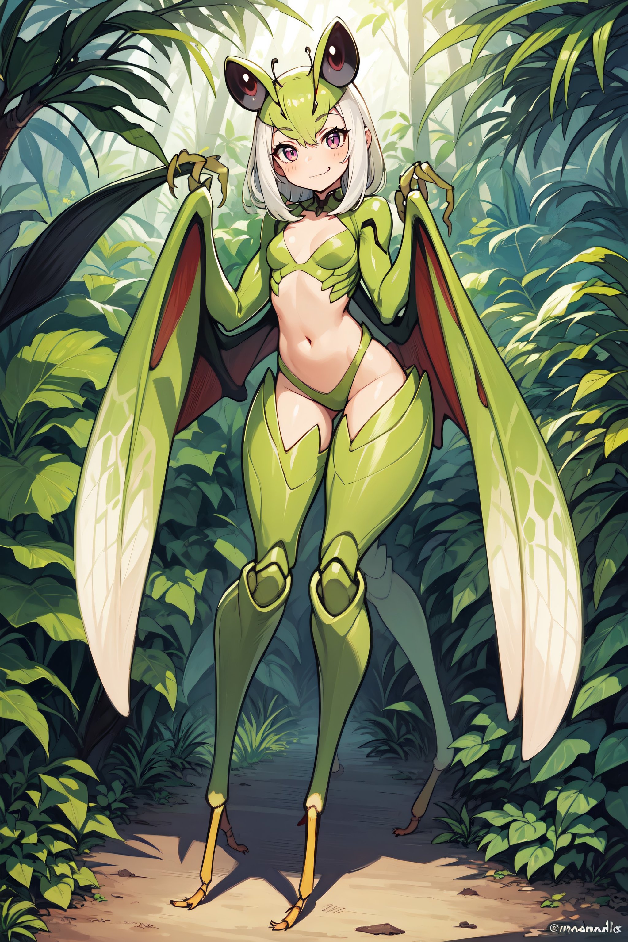 1girl, mantis girl, mandibles, smile, cute, blush, full body, jungle, insect wings, compound eyes, 2 legs