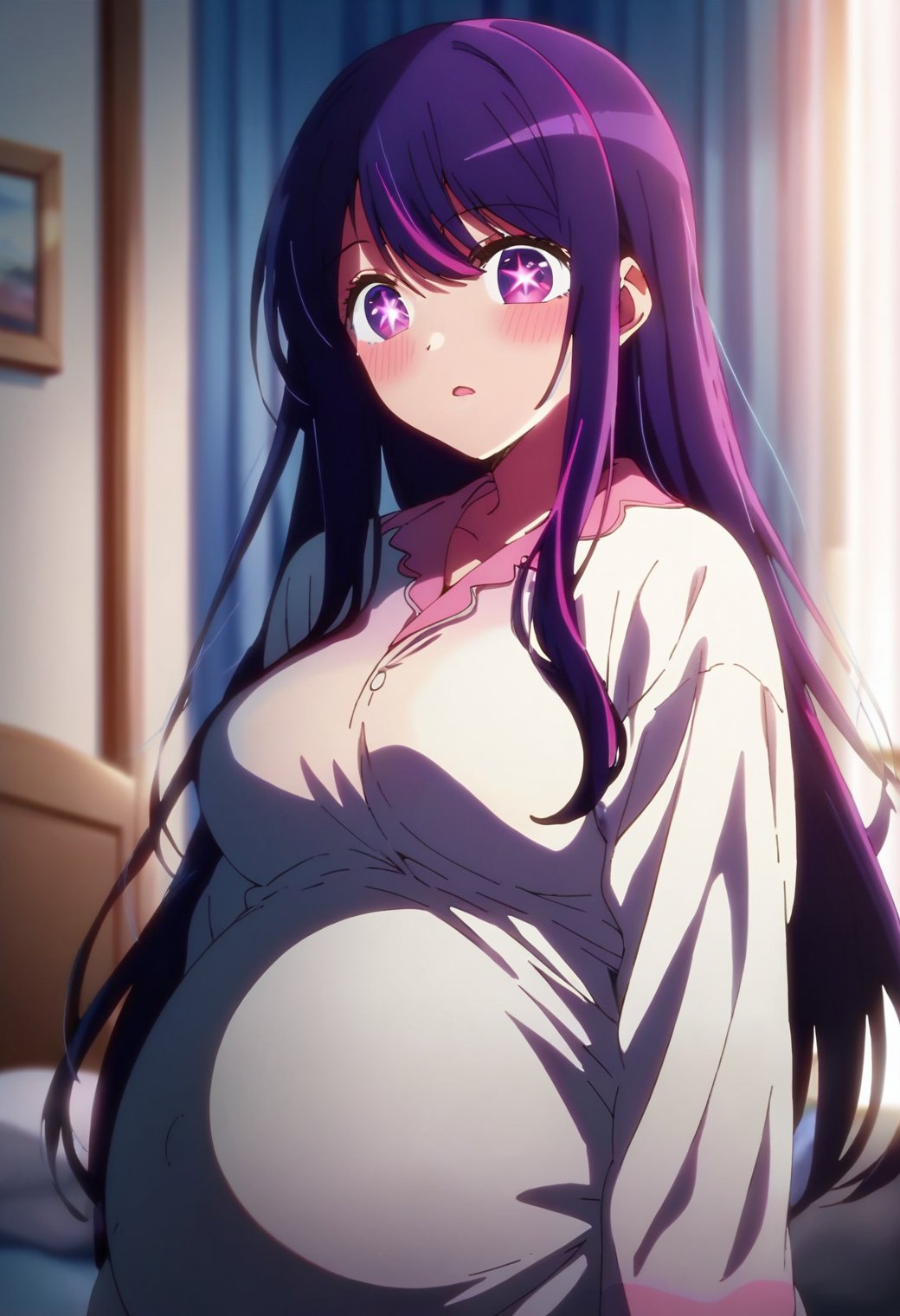 1girl, hoshinoai, solo, <lora:hoshinoai_ponyxl:0.9>, purple hair, purple eyes, long hair, star-shaped pupils, BREAKpregnant, pajamas, BREAKscore_9, score_8_up, score_7_up, score_6_up, anime,(high quality, detailed, beautiful), shiny, detailed beautiful eyes, outstanding, countershading, detailed soft lighting