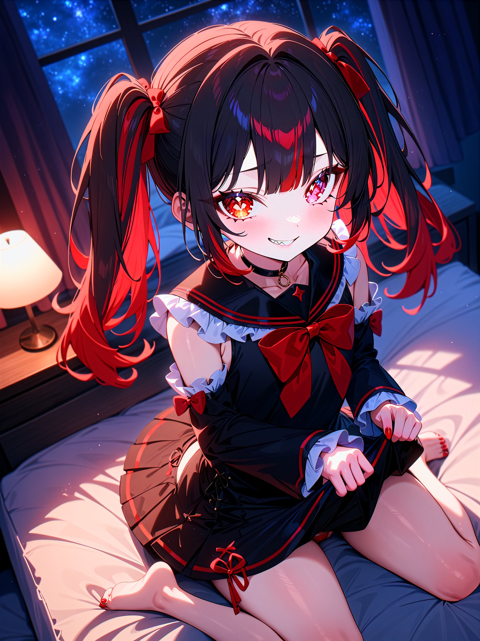 masterpiece, best quality, very aesthetic, absurdres, newest, 1girl, cute girl, twintails, black hair, red hair, multicolored hair, red eyes, heterochromia, red bow, red nails, black sailor dress, white frills, detached sleeves, frilled sleeves, wariza, from above, smirk, disdain, evil smile, evil grin, (side-tie panties, pantyshot, skirt lift:1.3), on bed, messy bed, window, starry sky, night, night sky, dark, cushion, curtains, lamp, 