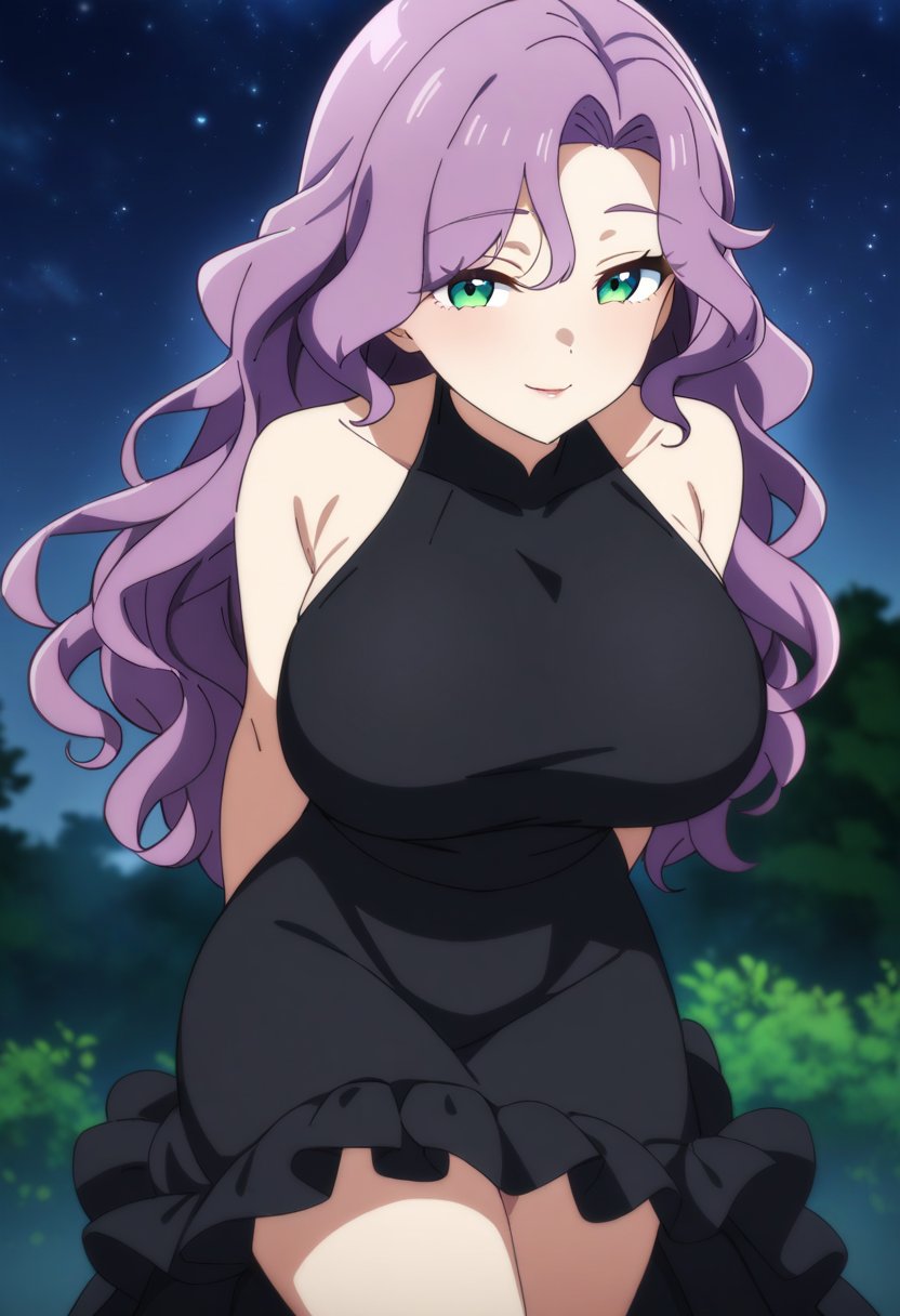 1girl, solo, mature female, anime coloring, long hair, wavy hair, purple hair, green eyes, large breasts, frilled dress, black dress, seductive smile, arms behind back, park, night, starry sky, looking at viewer, masterpiece, best quality, very aesthetic, absurdres,