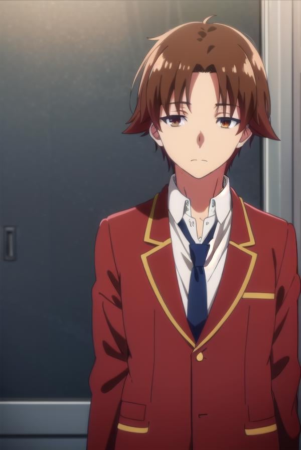 kiyotakaayanokouji, <lora:kiyotaka ayanokouji s2-lora-nochekaiser:1>,kiyotaka ayanokouji, brown hair, (brown eyes:1.5), male focus, (parted bangs:1.5), short hair,BREAK school uniform, jacket, necktie, blazer, blue necktie, shirt, white shirt, collared shirt, (red blazer:1.5),BREAK indoors, classroom,BREAK looking at viewer, (cowboy shot:1.5),BREAK <lyco:GoodHands-beta2:1>, (masterpiece:1.2), best quality, high resolution, unity 8k wallpaper, (illustration:0.8), (beautiful detailed eyes:1.6), extremely detailed face, perfect lighting, extremely detailed CG, (perfect hands, perfect anatomy),