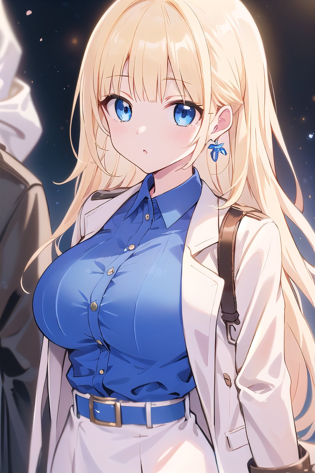 1girl, solo, long hair, looking at the audience, bangs, blue eyes, blonde hair, shirt, long sleeves, jewelry, shut up, jacket, bracelet arms, earrings, belt, coat, blue shirt revealing, white jacket, big breasts, mature appearance, secretary image, white miniskirt<lora:EMS-980-EMS:0.800000>, <lora:EMS-166024-EMS:0.800000>