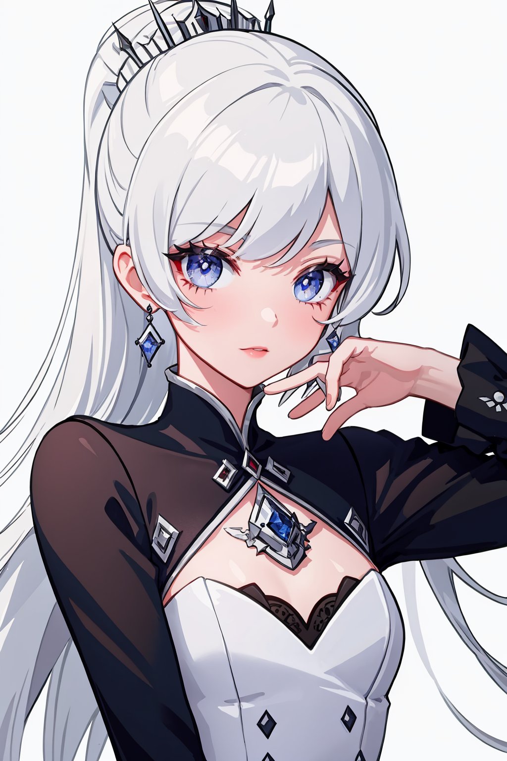 masterpiece,best quality, highly detailed, weiss schnee,1girl,solo,scar across eye,looking at viewer,earrings,scar on face<lora:weiss_schnee:1>,simple background,white background