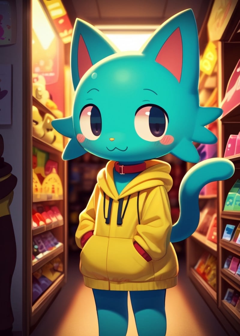 (by Oposa, by Sikai, by Nobby \(artist\)), (solo melina \(nekuzx\):1.25), toony, chibi, cat, (blue green body), bedroom eyes, red collar, (yellow raincoat), yellow hoodie, three-quarter view, looking at viewer, (three-quarter portrait:1.25), BREAK, toy shop, inside, fluorescent light, night, dark, store, detailed background, foreground, depth of field, backlighting, ambient silhouette, masterpiece, best quality, light, 4k, 2k, high detail, shaded, photography