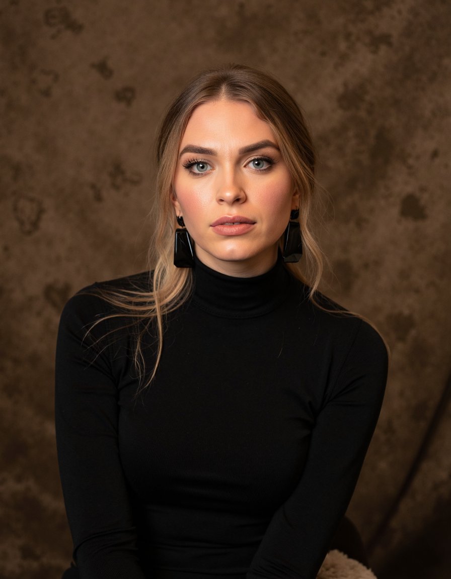 The image is a high-resolution photograph of QTCinderella. She is wearing a black,  long-sleeved top that fits snugly,  hi...