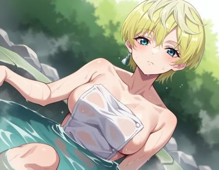 score_9, score_8_up, score_7_up, source_anime,tenkaizumo, <lora:tenka-izumo-s1-ponyxl-lora-nochekaiser:1>tenka izumo, short hair, blue eyes, blonde hair,nude, naked, outdoors, onsen, towel, naked towel, steam, bathing, nude cover, partially submerged, water, bath, steam censor, wet towel,looking at viewer, cowboy shot, dutch angle, solo,