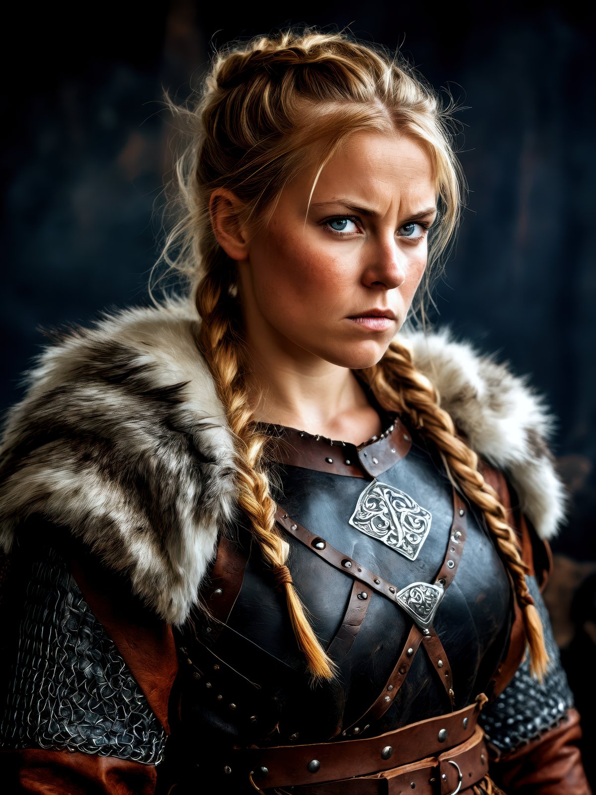 A high-resolution photograph of a Viking woman warrior, traditional Viking armor, leather tunic, chainmail, fur cloak, The overall mood is intense and adventurous, capturing the spirit of the Viking age, high-resolution, Viking warrior, traditional armor, intense, adventurous