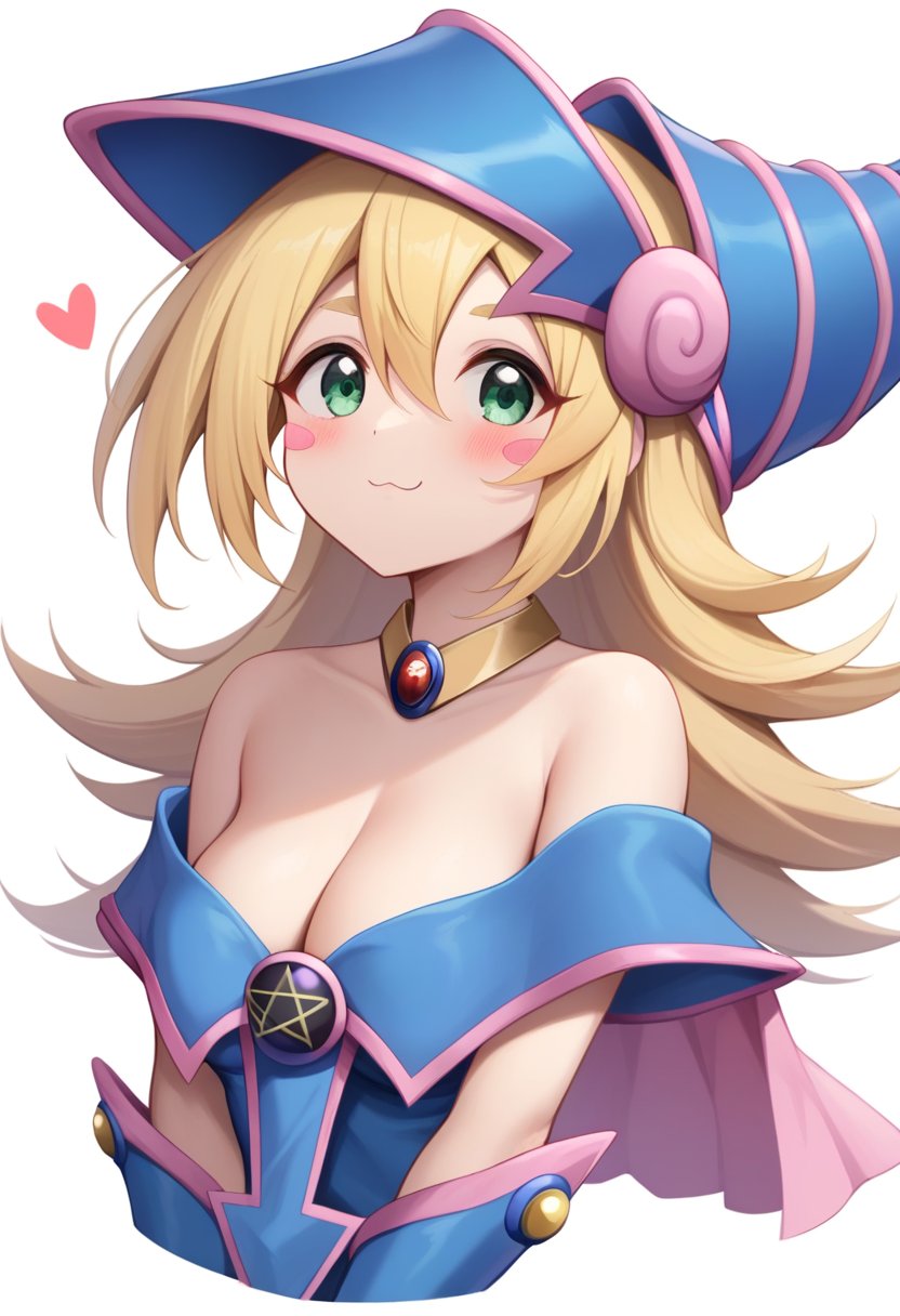 score_9,score_8_up,score_7_up,<lora:dark_magician_girl_pony:1>,1girl, :3, ahoge, blonde_hair, blue_dress, blue_headwear, blush_stickers, closed_mouth, commentary_request, cropped_torso, dark_magician_girl_\(cosplay\), green_eyes, hair_between_eyes, heart, highres, himesaka_noa, looking_at_viewer, off-shoulder_dress, short_eyebrows, simple_background, solo, thick_eyebrows, upper_body, white_background