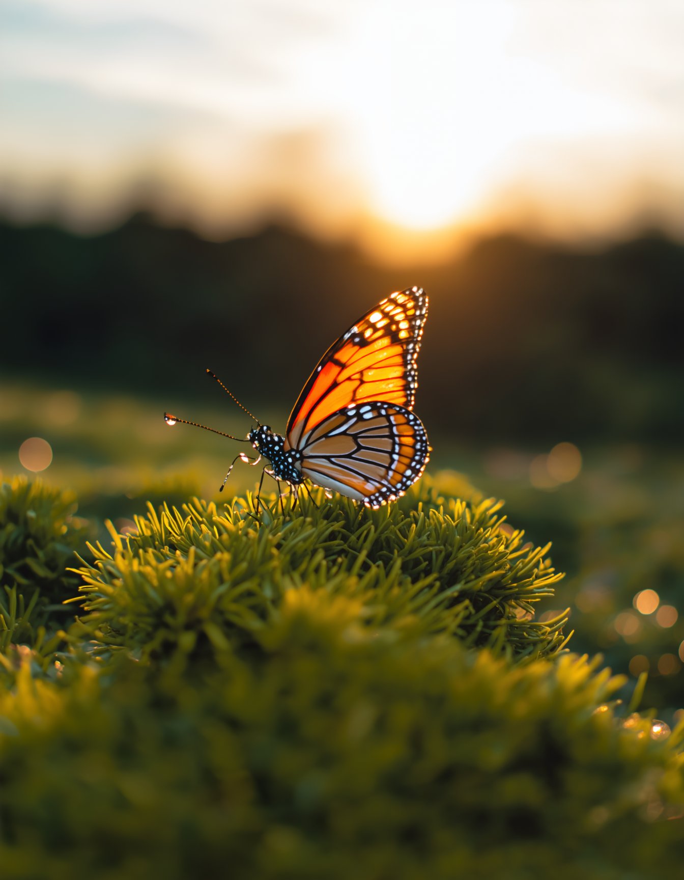 (best quality,4k,highres,masterpiece:1.2),ultra-detailed,extremely vibrant butterfly with dew on a moss, glowing under the soft morning light of a sunrise in the background. The macro shot captures the colorful details of the butterfly's delicate wings, showcasing its intricate patterns and mesmerizing beauty. The dew drops on the moss add a touch of freshness and enhance the overall atmosphere of the scene. The natural lighting creates a soft, ethereal glow, illuminating the butterfly and highlighting its vibrant colors. The bokeh in the background adds a dreamy and magical feel to the composition, further enhancing the sense of wonder and tranquility. Get ready to be captivated by the vivid and vibrant world of this enchanting butterfly in the midst of nature's serene and peaceful embrace. ,